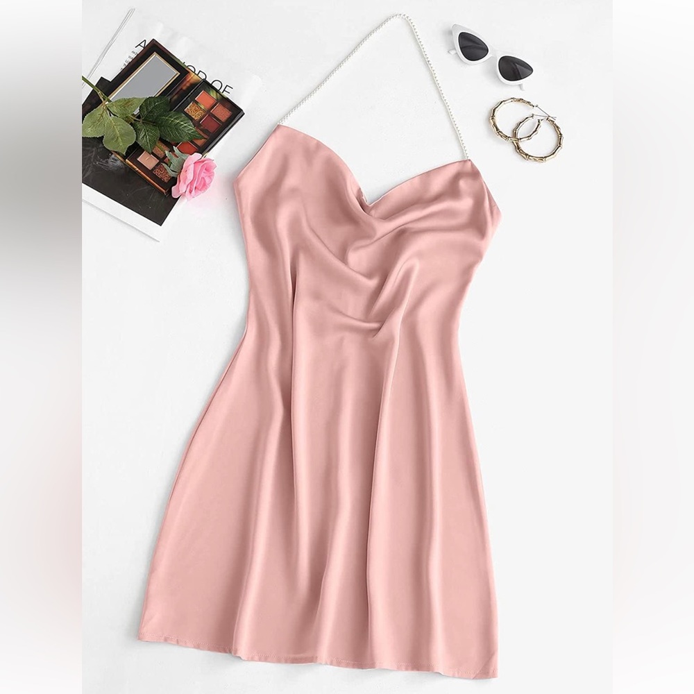 Pink satin mini dress with pearl strap. Size S